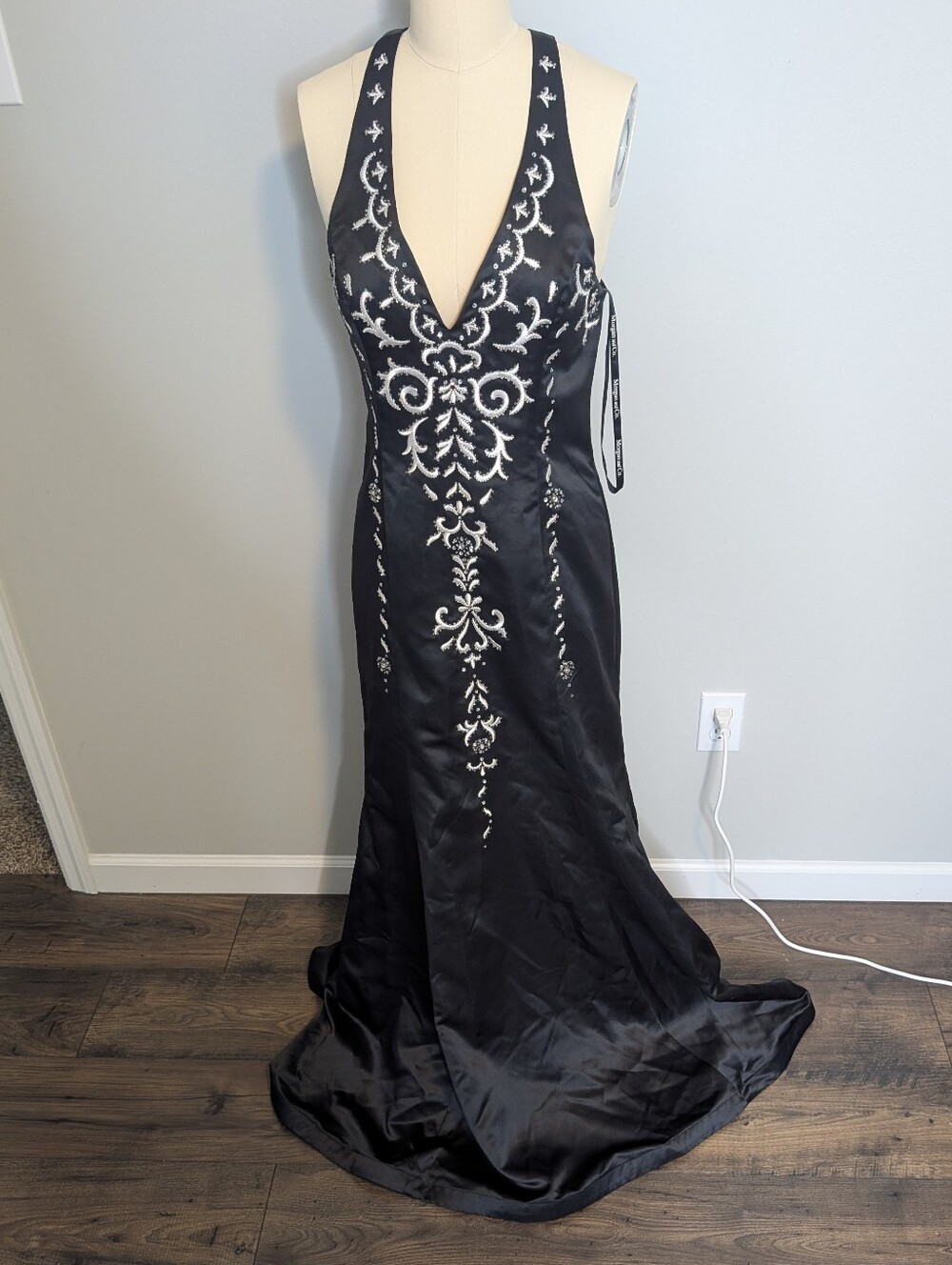 Morgan &‎ Co. 90s 2000s Whimsigoth Halter Maxi Dress with White Embroidery